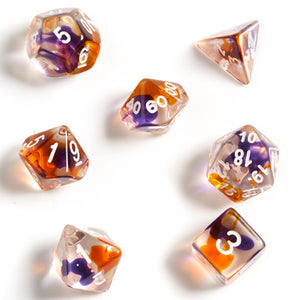 Sirius Dice 7 Set Purple, Orange, and Clear Semi-Transparent Resin